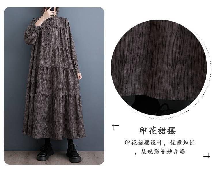 Long Sleeve Stand Collar Printed Loose Fit Maxi Dress Product Image