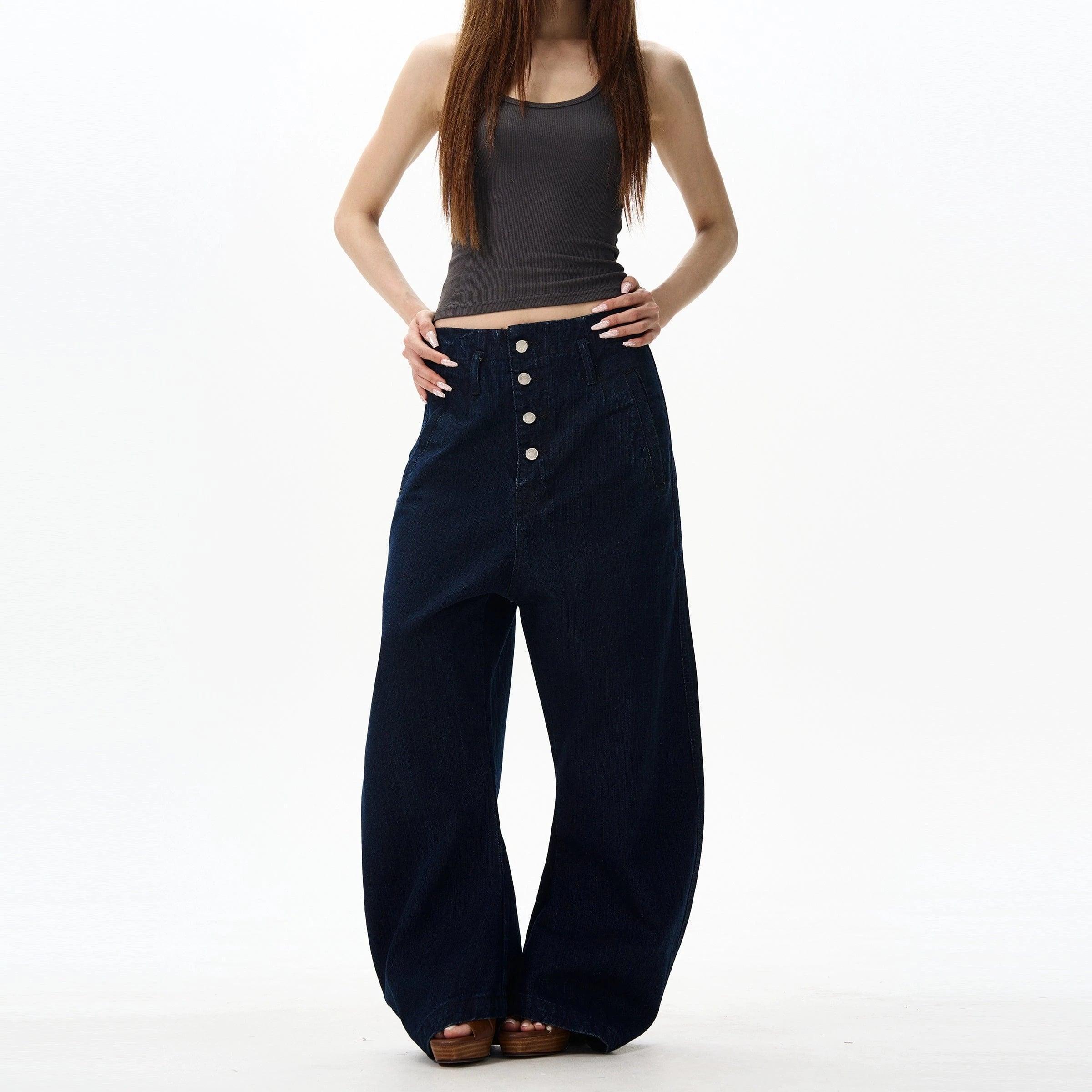 RT No. 18029 BLUE BUTTONED DENIM STRAIGHT JEANS Product Image
