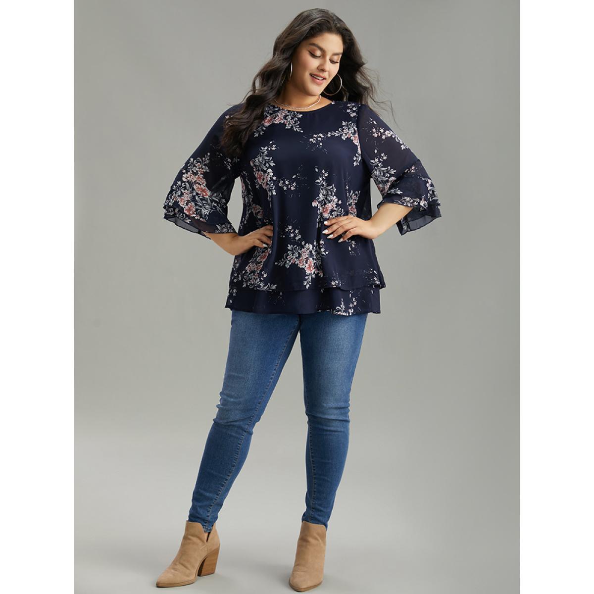 Plus Size Indigo Floral Chiffon Ruffle Sleeve Mesh Patchwork Blouse Women Elegant Elbow-length sleeve Round Neck Everyday Blouses BloomChic 22-24/3X Product Image