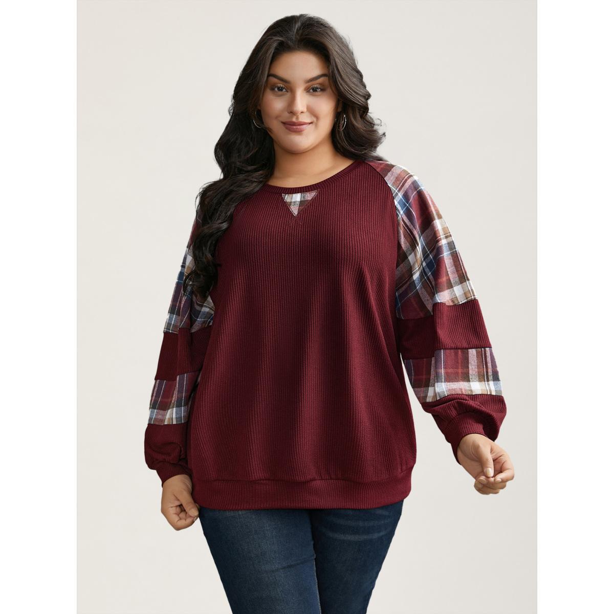 Plus Size Plaid Patchwork Raglan Sleeve Sweatshirt Women Burgundy Casual Texture Round Neck Everyday Sweatshirts BloomChic 18-20/2X Product Image