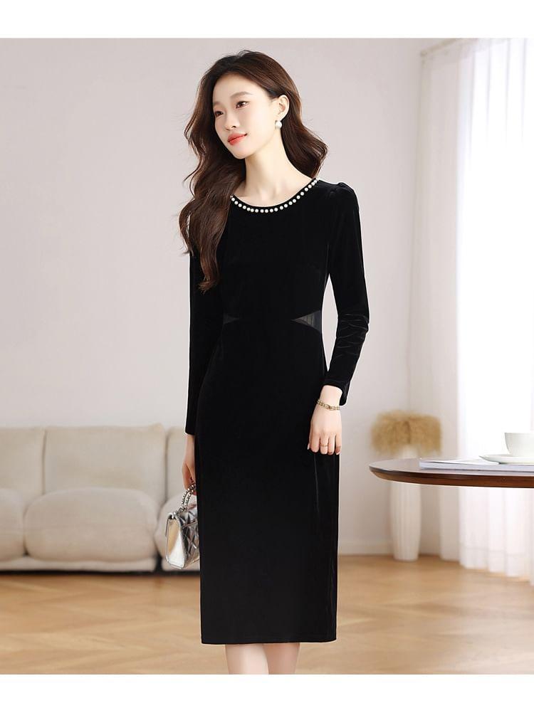 Long-Sleeve Crew Neck Mesh Panel Faux Pearl Accent Slit Velvet Midi Sheath Dress Product Image