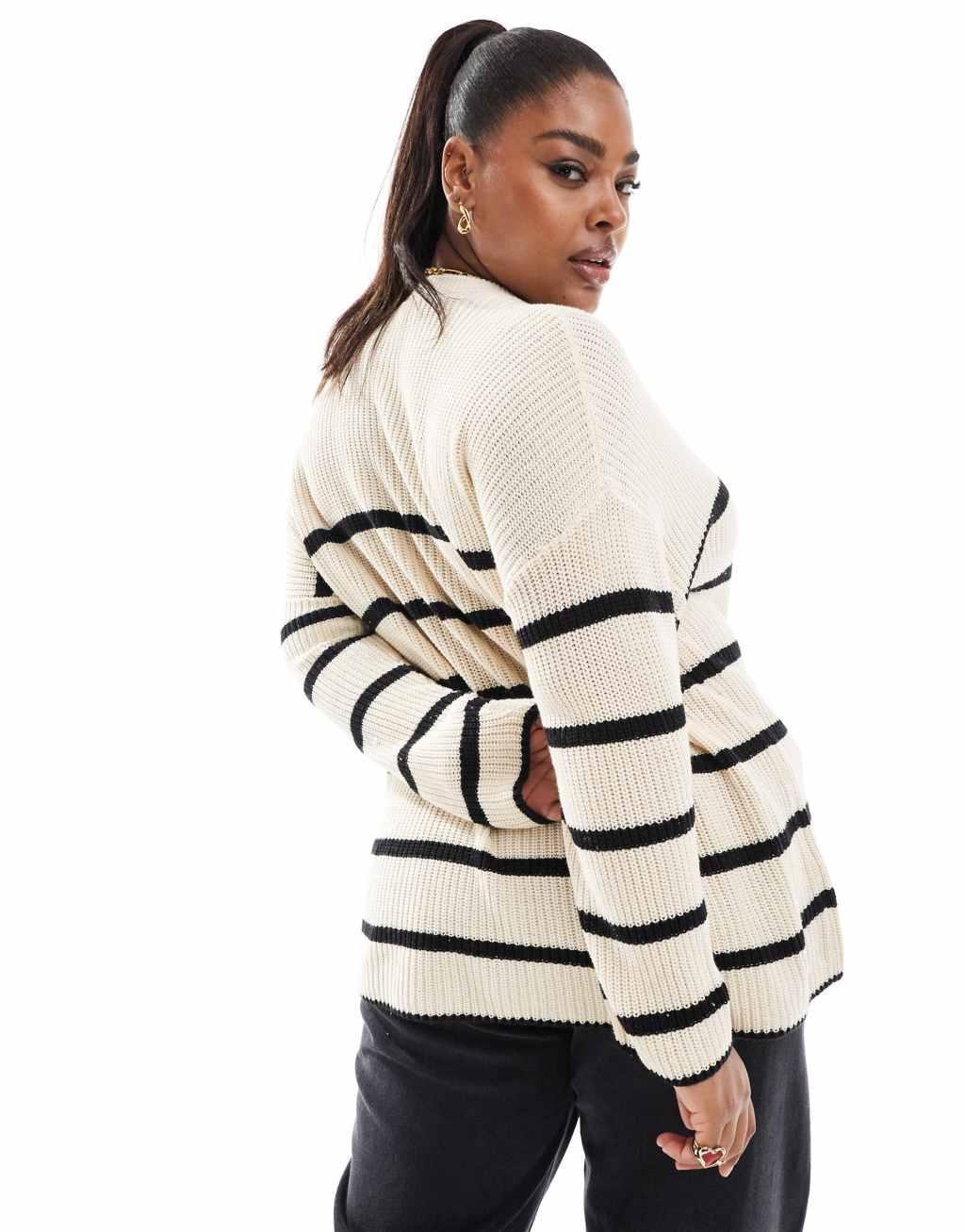 ONLY Curve round neck striped sweater in stone  Product Image