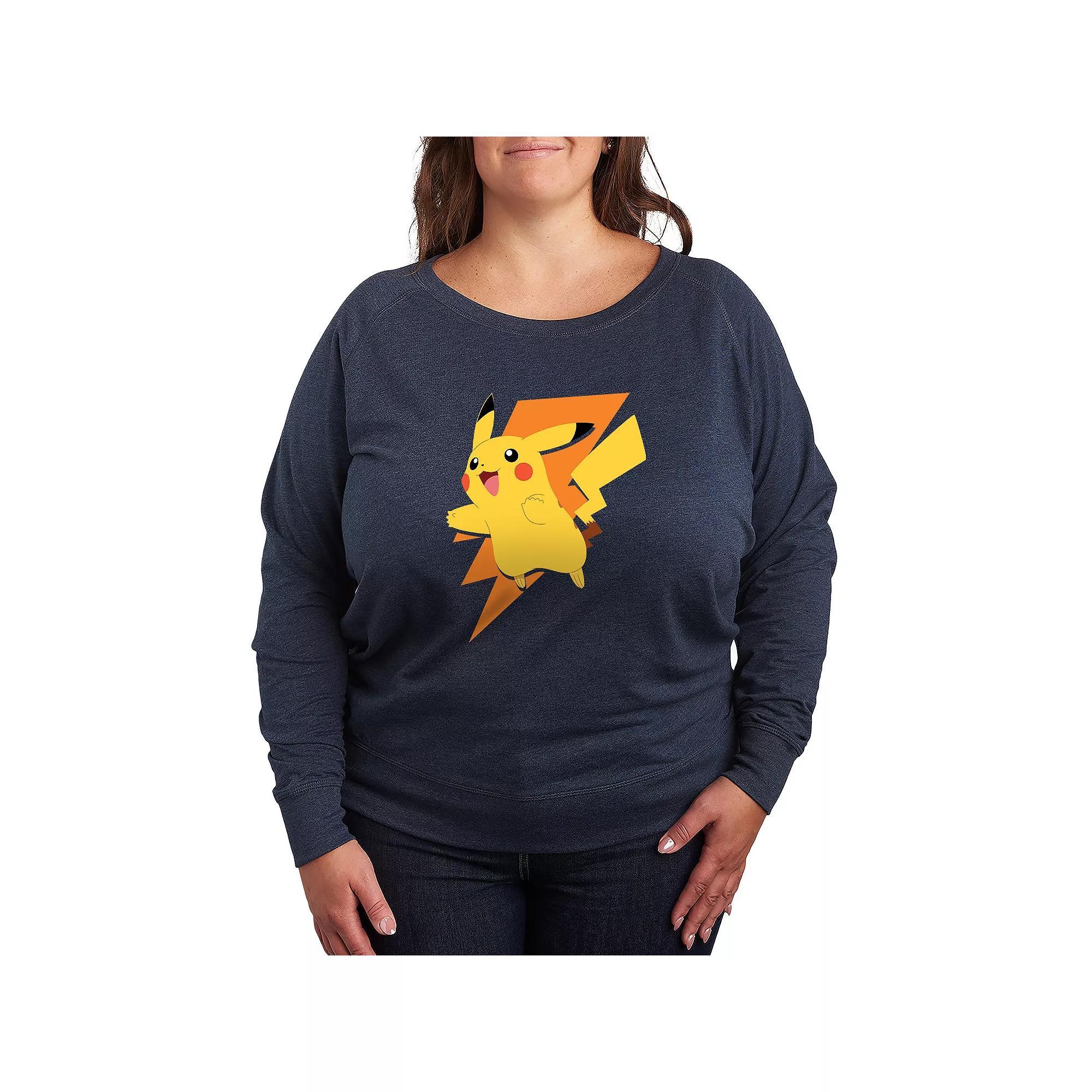 Plus Size Pokemon Pikachu Bolt French Terry Long Sleeve Tee, Womens Grey Indigo Product Image
