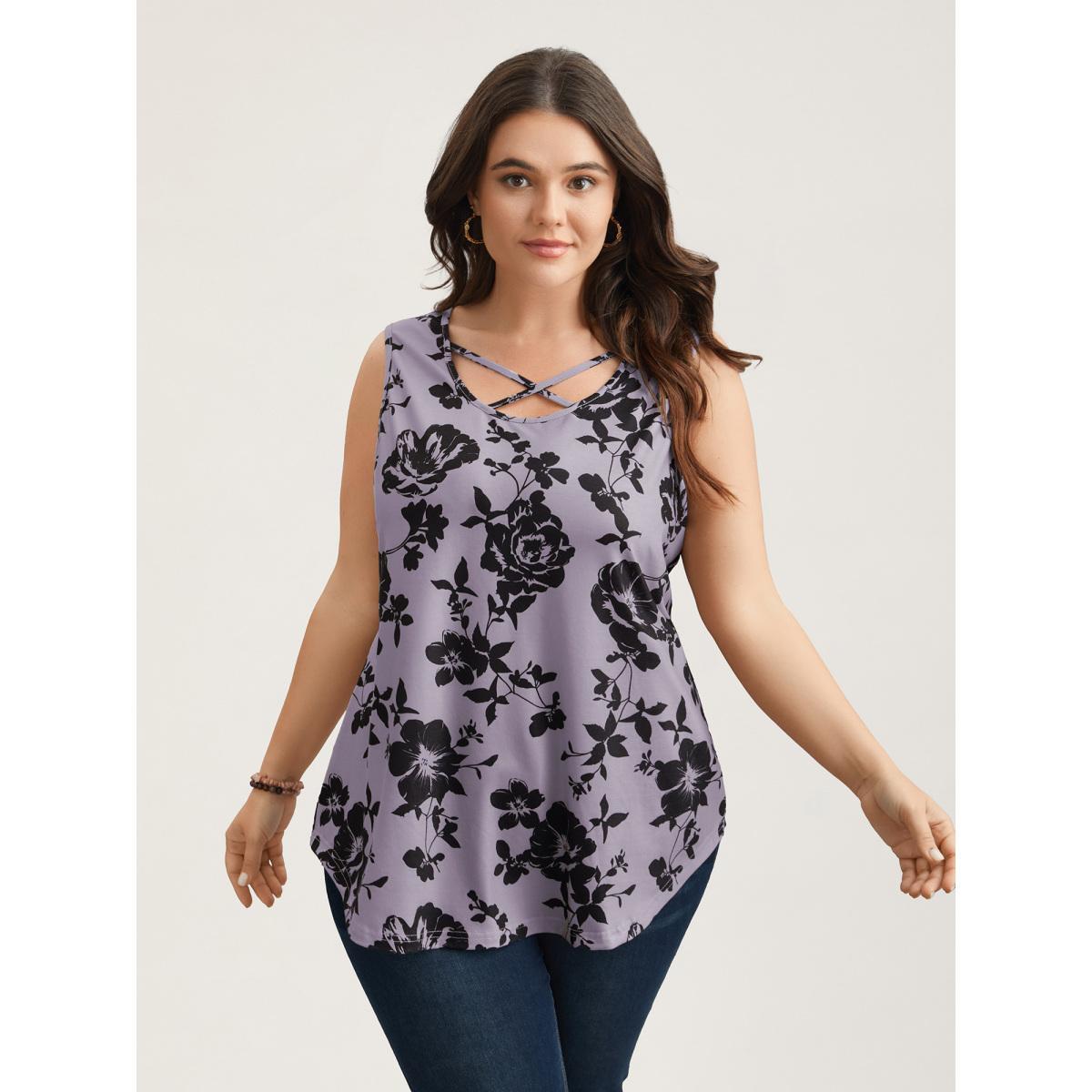 Plus Size Rosy Print Neck-Tie Fitted Vest Women Multicolor Elegant Contrast U-neck Everyday Tank Tops Camis BloomChic 30/6X Product Image