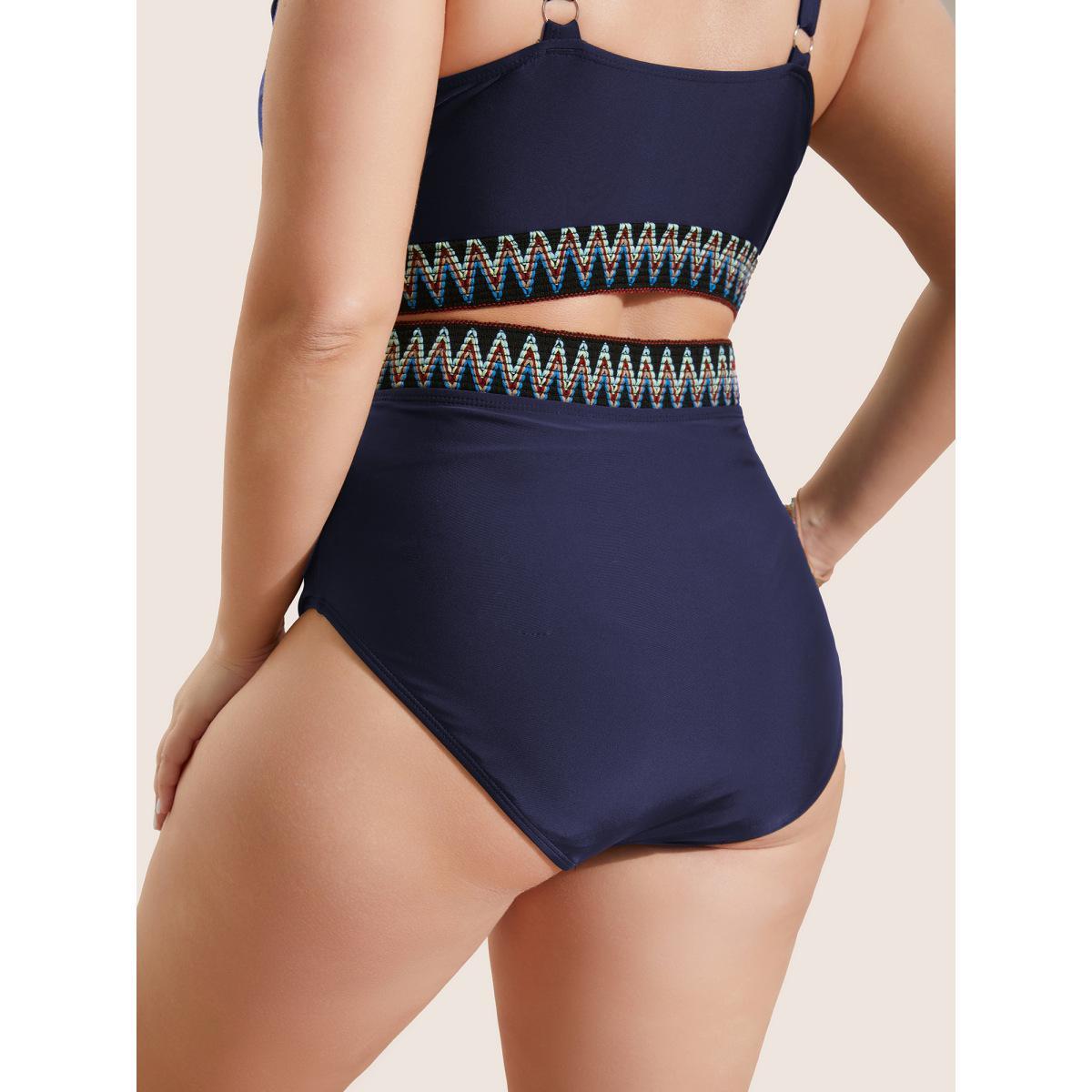 Plus Size Embroidered Elastic Waist High Rise Swim Bottom Women's Swimwear Indigo Beach Woven ribbon&lace trim High stretch Skinny High Rise Curve Swim Bottoms BloomChic 10/M Product Image