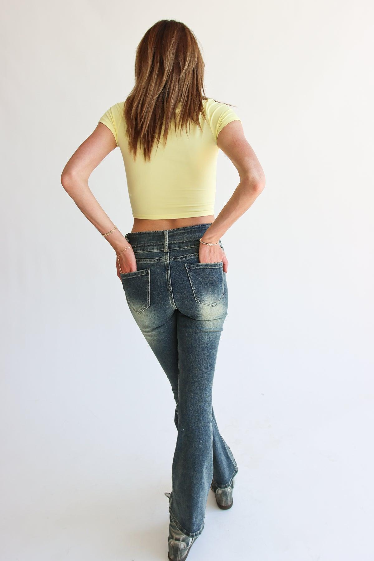 Belted Flare Grunge Wash Jeans Product Image