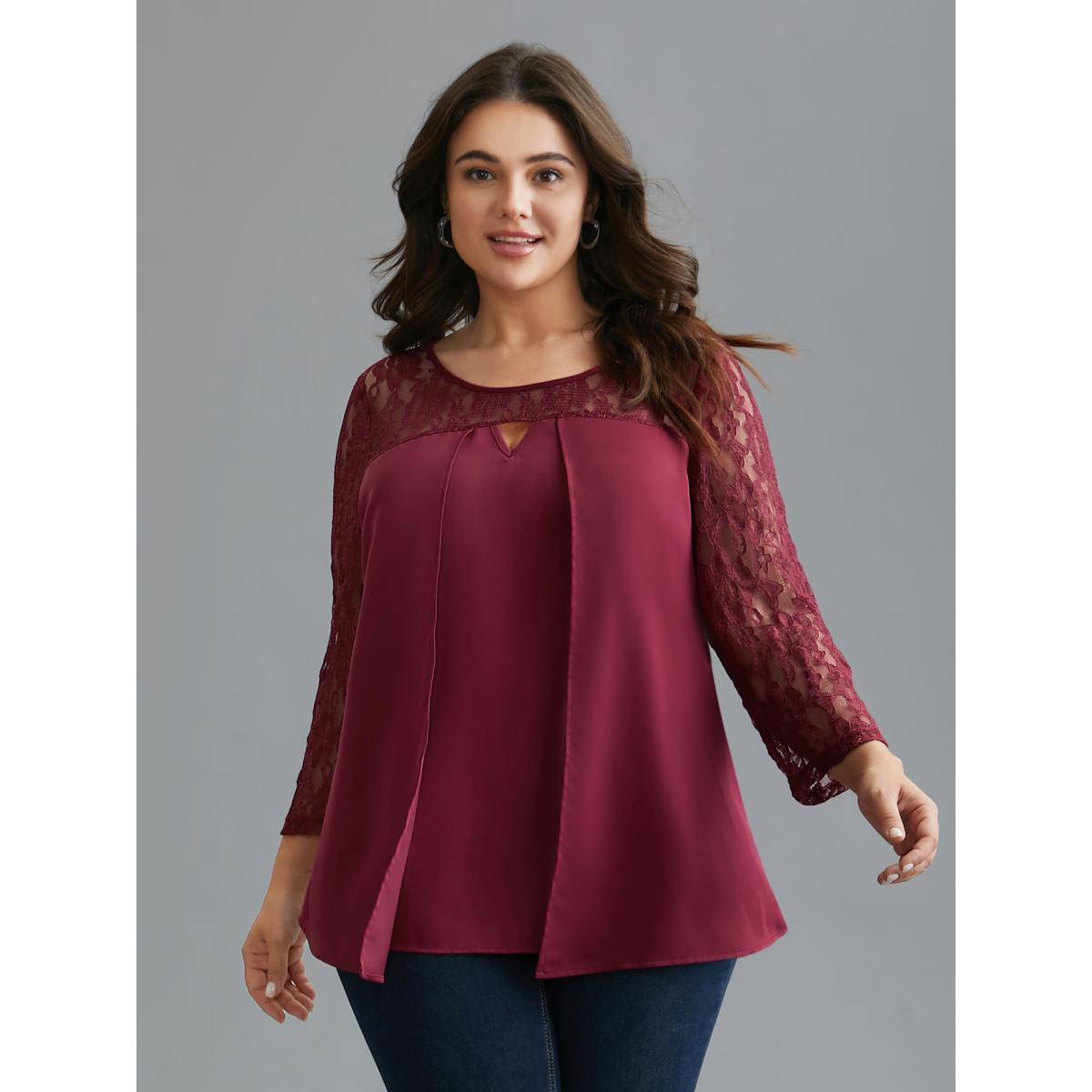 Plus Size RedViolet Sheer Lace Sleeve Neck Cut-Out Shirt Women Elegant Three Quater Length Sleeve Round Neck Everyday Blouses BloomChic 22-24/3X Product Image