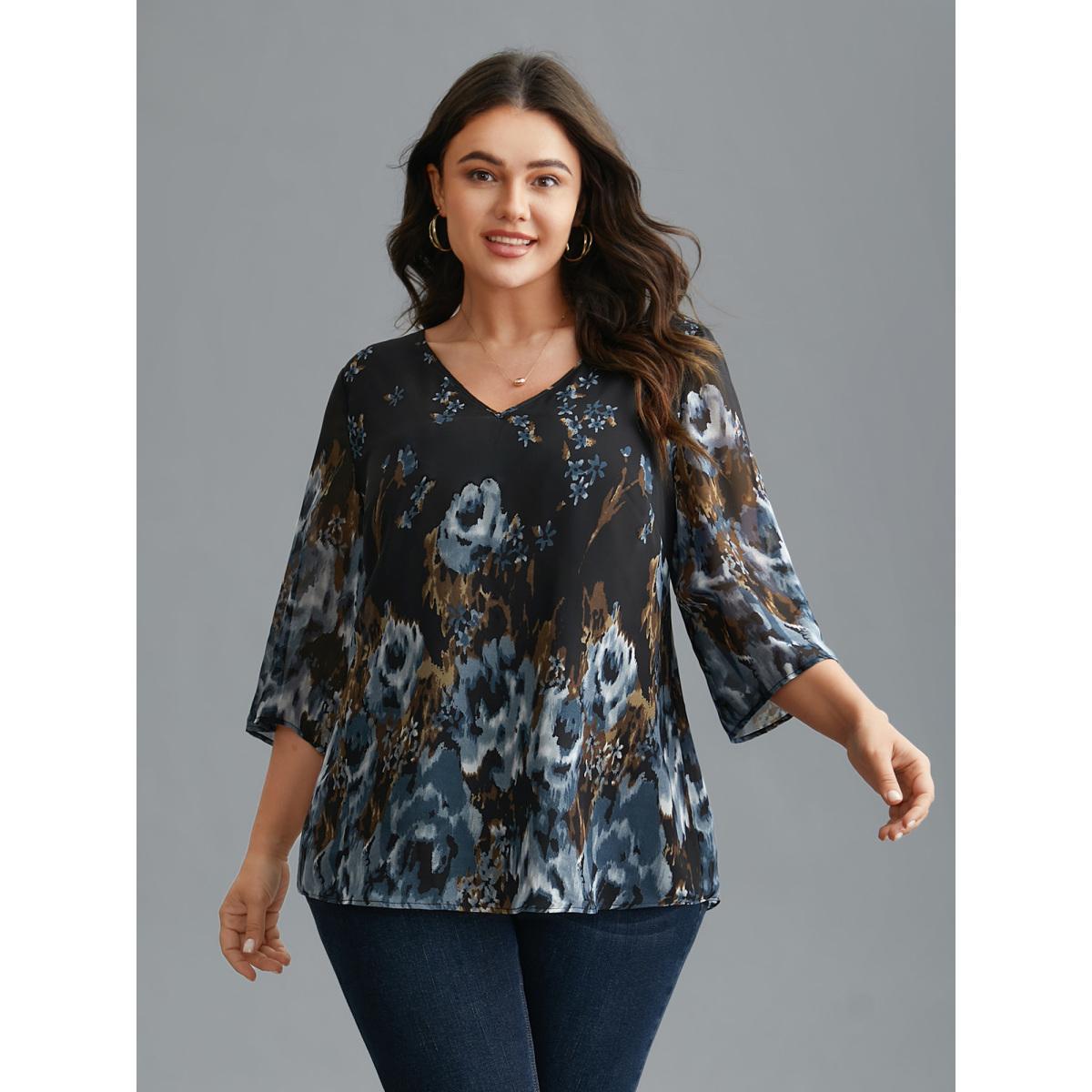 Plus Size Black V Neck Floral Bell Sleeve Blouse Women Elegant Elbow-length sleeve V-neck Everyday Blouses BloomChic 18-20/2X Product Image