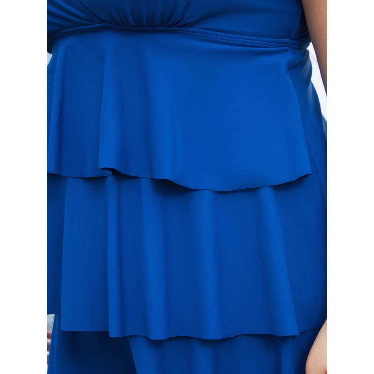 Plus Size Adjustable Straps Wrap Sculpt Waist Ruffle Tiered Swim Dress Women's Swimwear Aegean Vacation Bodycon V-neck High stretch Curve Swim Dresses BloomChic 26/4X Product Image