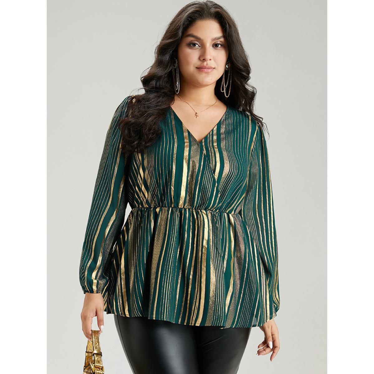 Plus Size ArmyGreen Glitter Striped Surplice Neck Blouse Women Glamour Long Sleeve V-neck Festival-Christmas Blouses BloomChic 28/5X Product Image