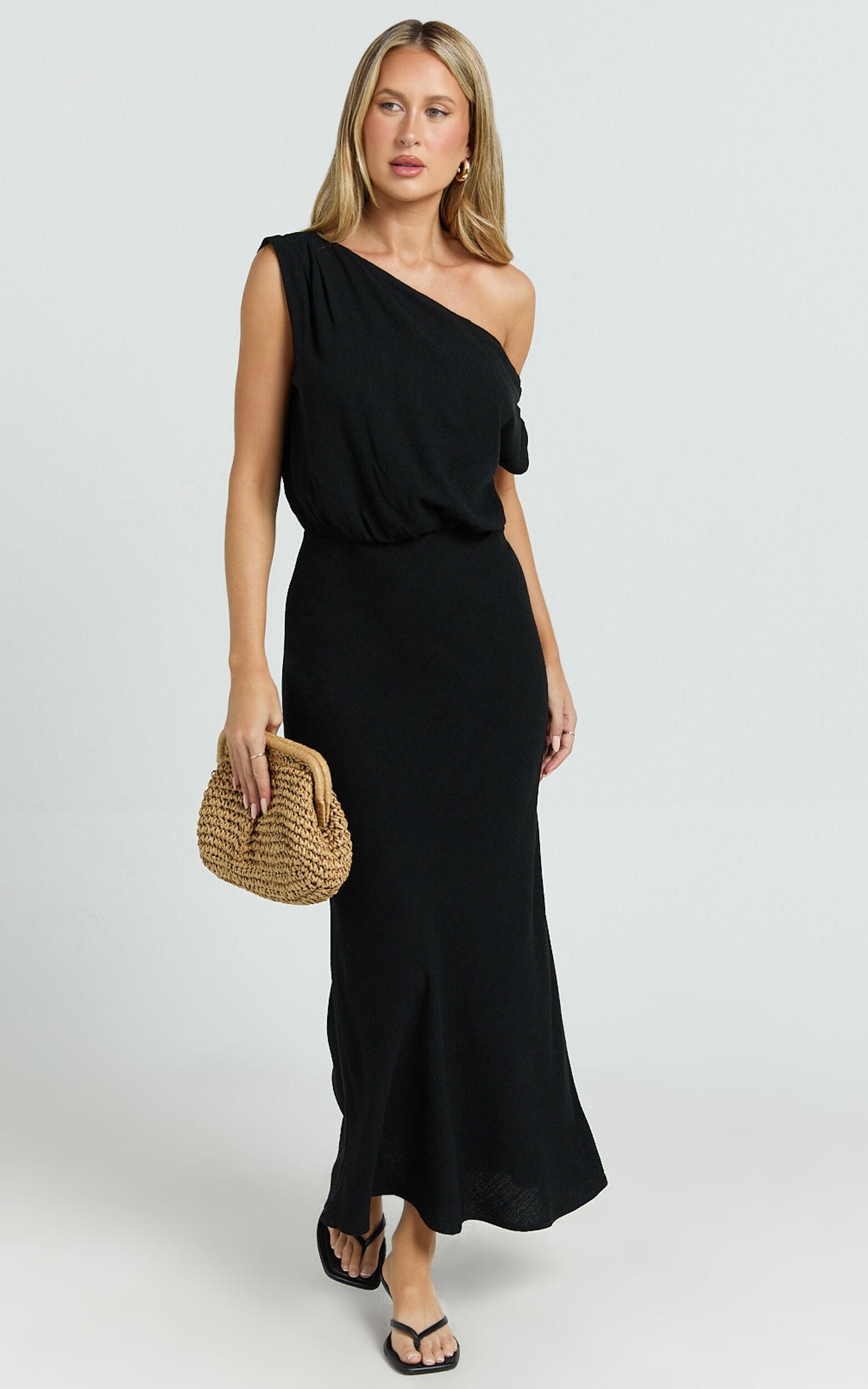 Jacqueline Midi Dress - Linen One Shoulder Dress in Black Product Image