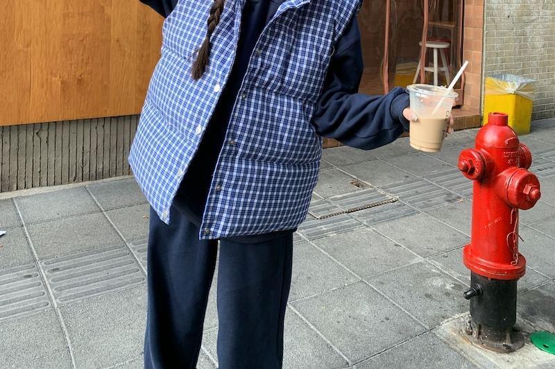 Collar Plaid Padded Button Vest / Plain Hoodie / Loose Fit Sweatpants Product Image