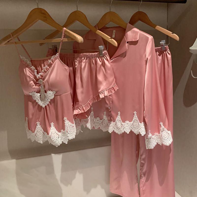 Lace Trim Camisole Top / Pants / Jacket / Shorts / Pajama Set Product Image