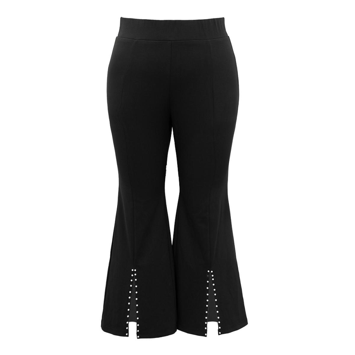 Plus Size Bootcut Pearl Beaded Split Front Pants Women Black Office Flare Leg High Rise Work Pants BloomChic 18-20/2X Product Image