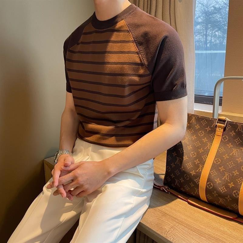 Short-Sleeve Crew Neck Striped Raglan Knit Top Product Image