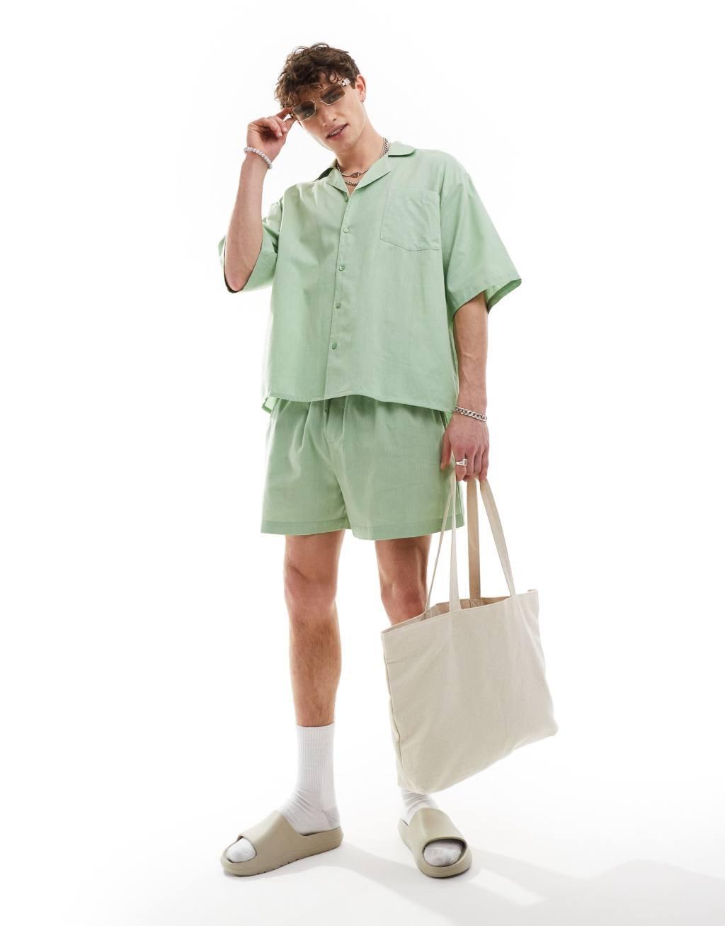 COLLUSION linen look beach oversized camp collar shirt in sage green - part of a set Product Image