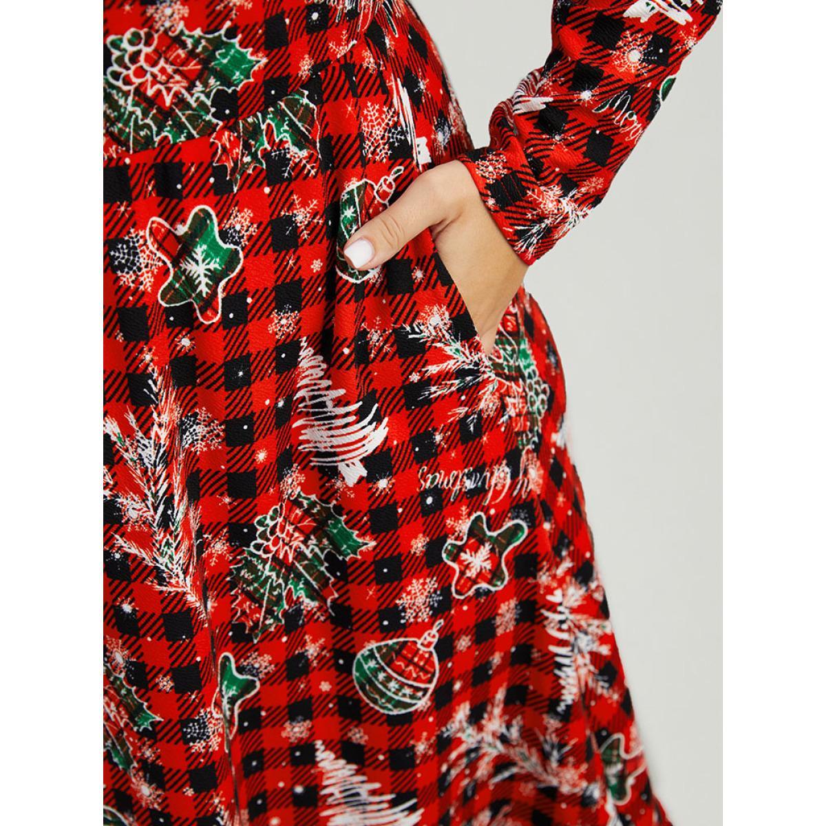 Plus Size Gingham Crew Neck Pocket Elastic Waist Dress Red Women Casual Printed Round Neck Long Sleeve Curvy Midi Dress BloomChic 28/5X Product Image