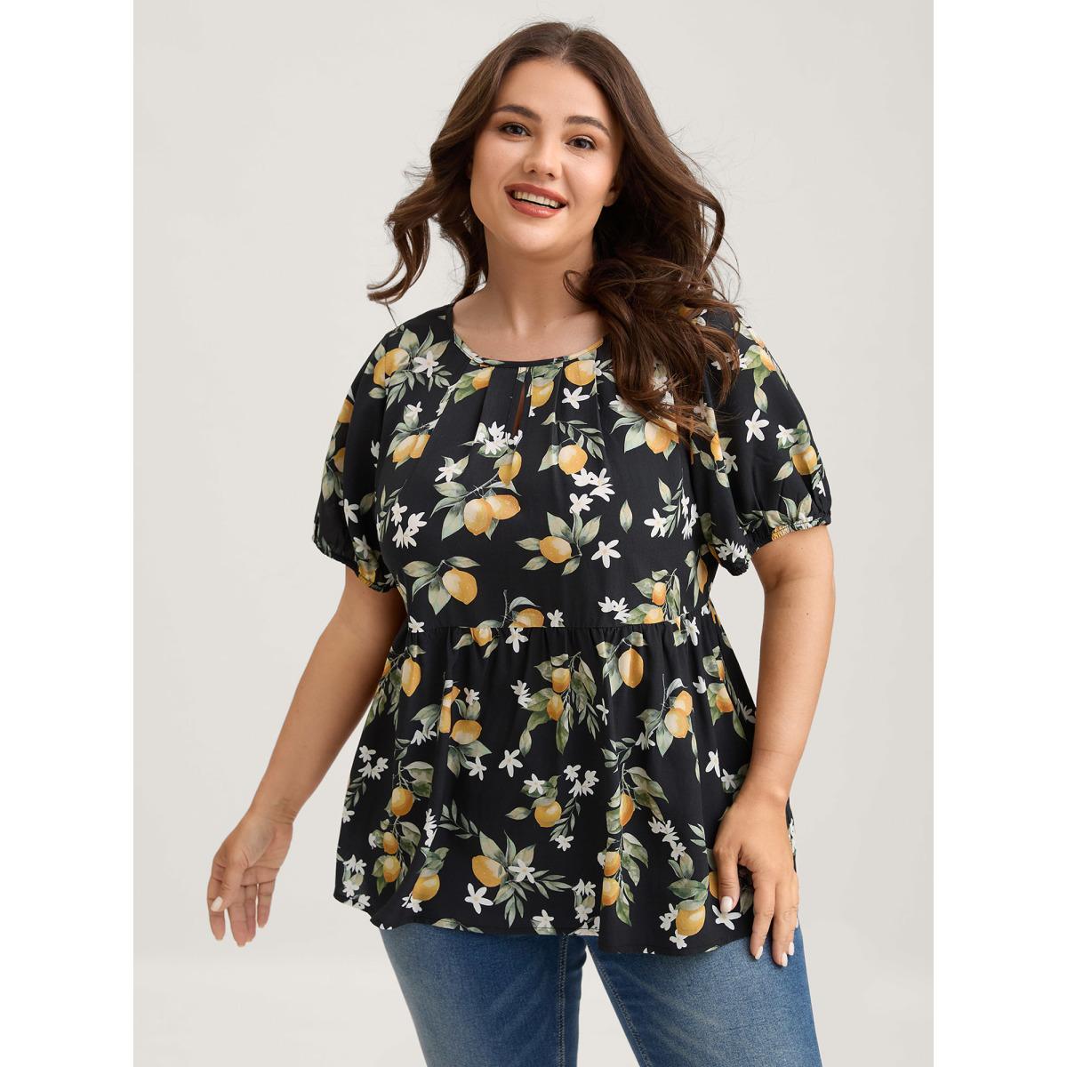 Plus Size Black Citrus Print Bow Backless Blouse Women Short sleeve Round Neck Everyday-Casual Blouses BloomChic 14-16/1X Product Image