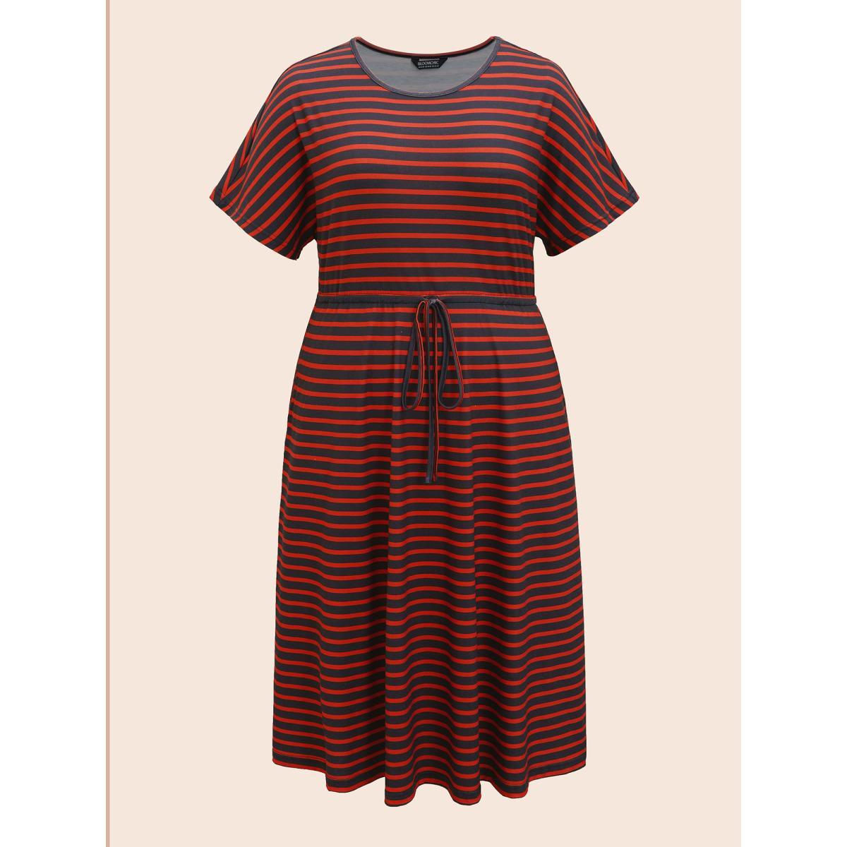 Plus Size Striped Round Neck Drawstring Dolman Sleeve Dress Black Women Casual Gathered Round Neck Short sleeve Curvy BloomChic 14-16/1X Product Image