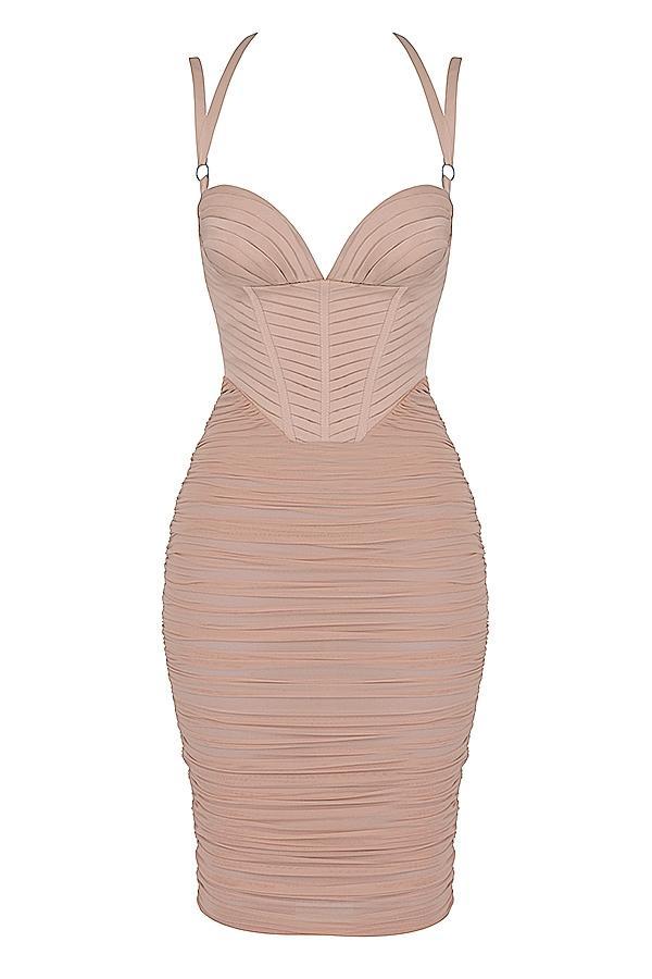 Josephine Taupe Pleated Corset Midi Dress Product Image