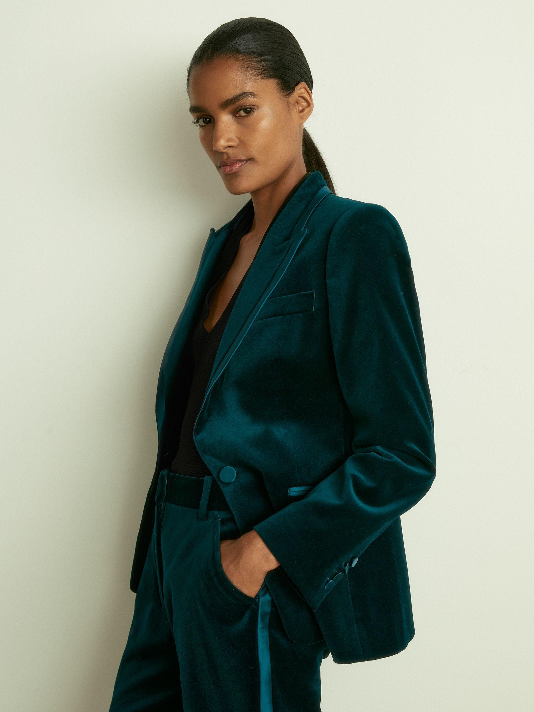 Petite Velvet Flared Suit Trousers in Teal Product Image