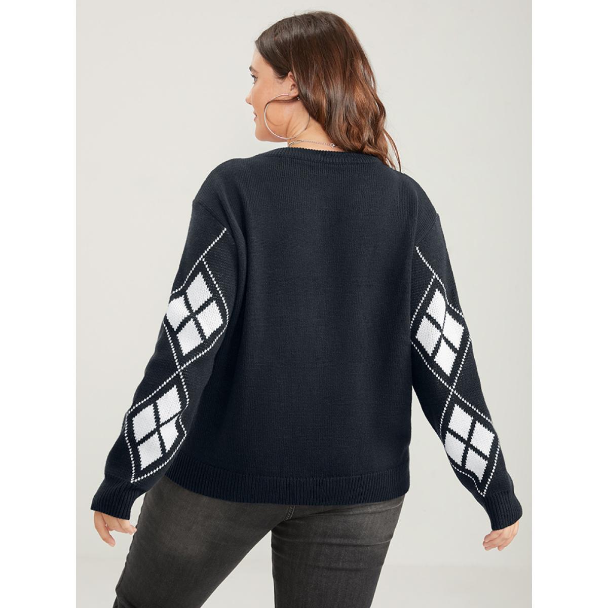 Plus Size Geometric Contrast Pointelle Knit Round Neck Knit Top Black Women Casual Long Sleeve Round Neck Dailywear Pullovers BloomChic 28/5X Product Image
