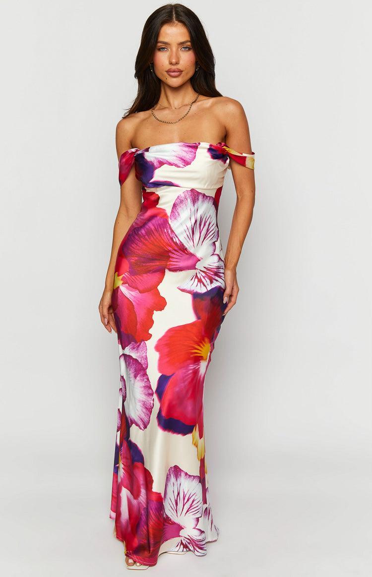 Ella Pink Floral Print Off Shoulder Formal Dress Product Image