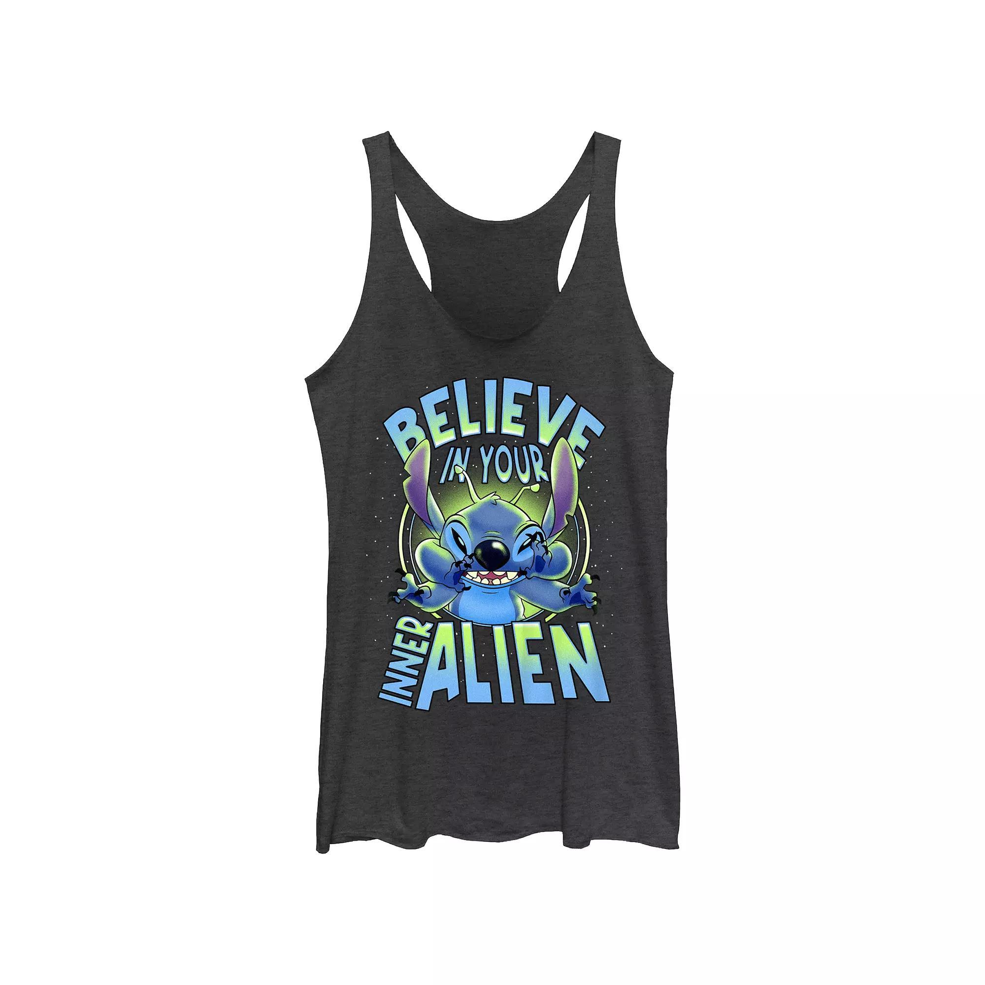 Disney's Lilo & Stitch Women's Believe In Your Inner Alien Stitch Tri-Blend Racerback Tank Top, Girl's, Size: XS, Navy Grey Product Image