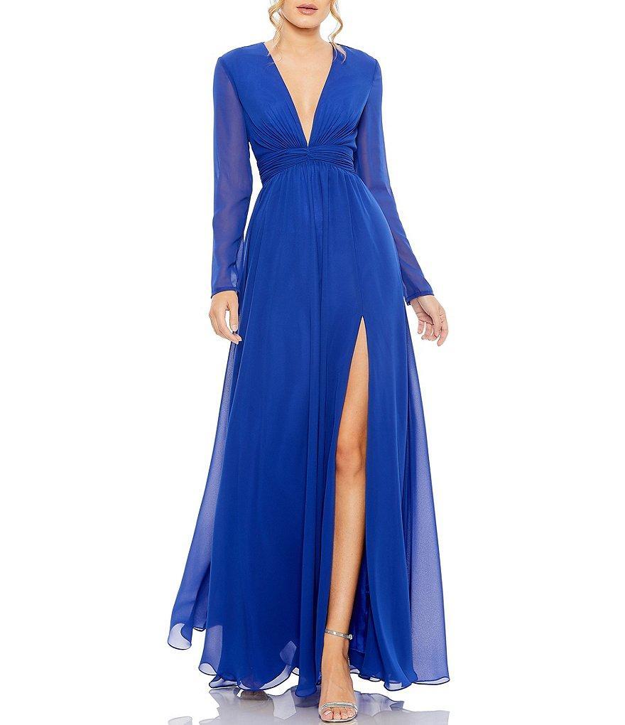 Mac Duggal V-Neck Front Twist Long Sleeve Thigh High Slit Gown Product Image