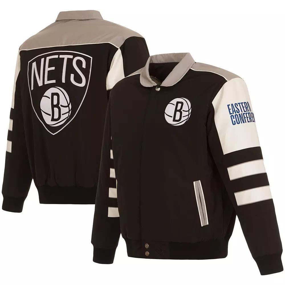 Men's JH Design Black Brooklyn Nets Stripe Colorblock Nylon Reversible Full-Snap Jacket, Size: XL Product Image
