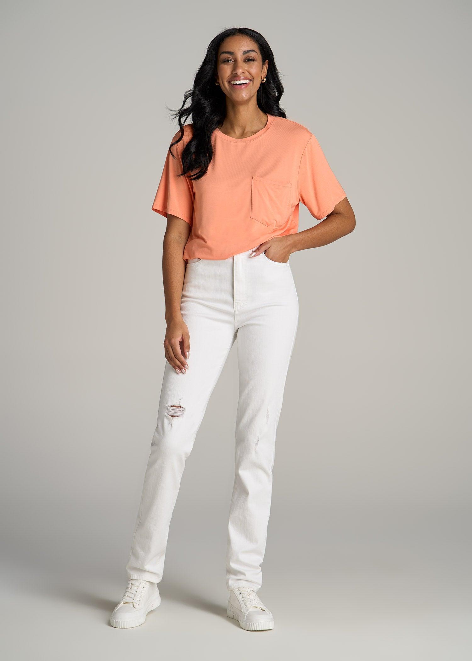 Short-Sleeve Oversized Crewneck Pocket T-Shirt for Tall Women in Apricot Crush Product Image