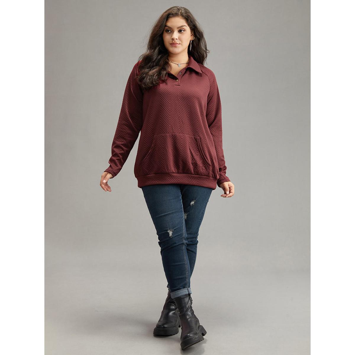 Plus Size Solid Plisse Pocket Button Up Sweatshirt Women Burgundy Casual Texture Polo Dailywear Sweatshirts BloomChic 18-20/2X Product Image
