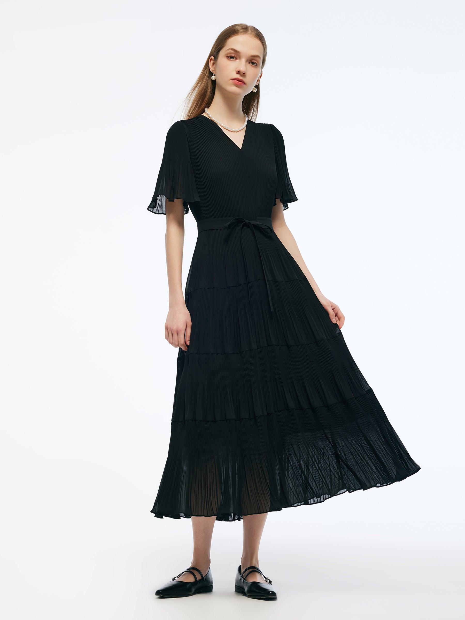 Pleated V-Neck Women A-Line Tie Belt Maxi Dress Product Image