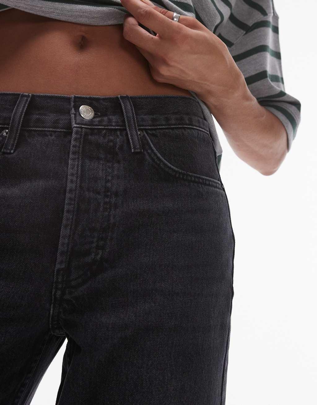 Topshop Runway cropped mid rise straight jeans in washed black Product Image