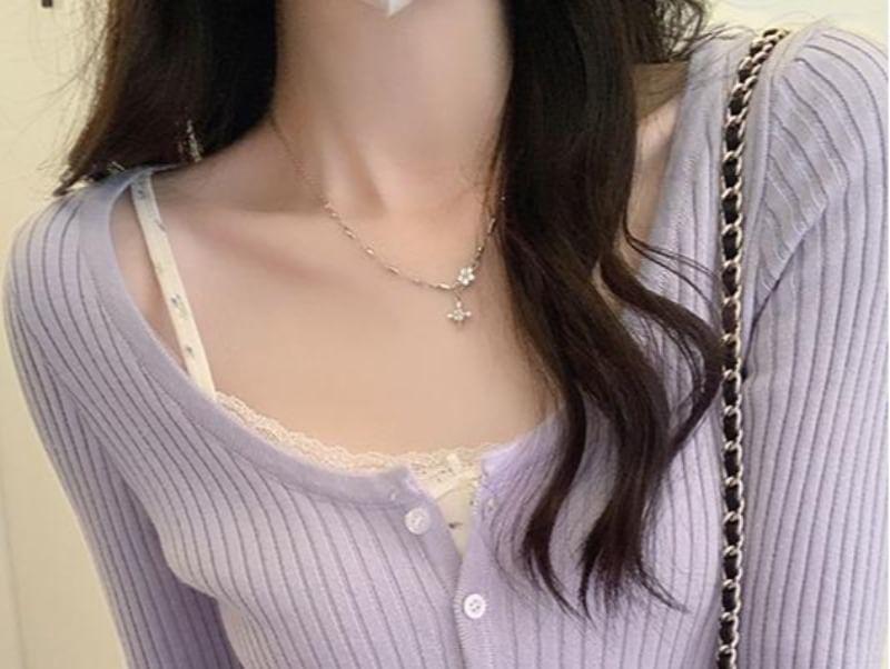 Long-Sleeve Scoop Neck Plain Ribbed Button Knit Top Product Image