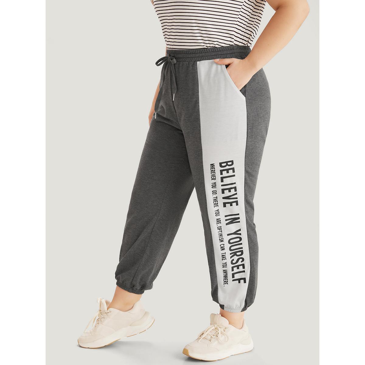 Letter Print Bowknot Contrast Patchwork Pocket Sweatpants Gray Plus Size Women Casual Everyday Contrast 22-24/3X Bloomchic Product Image