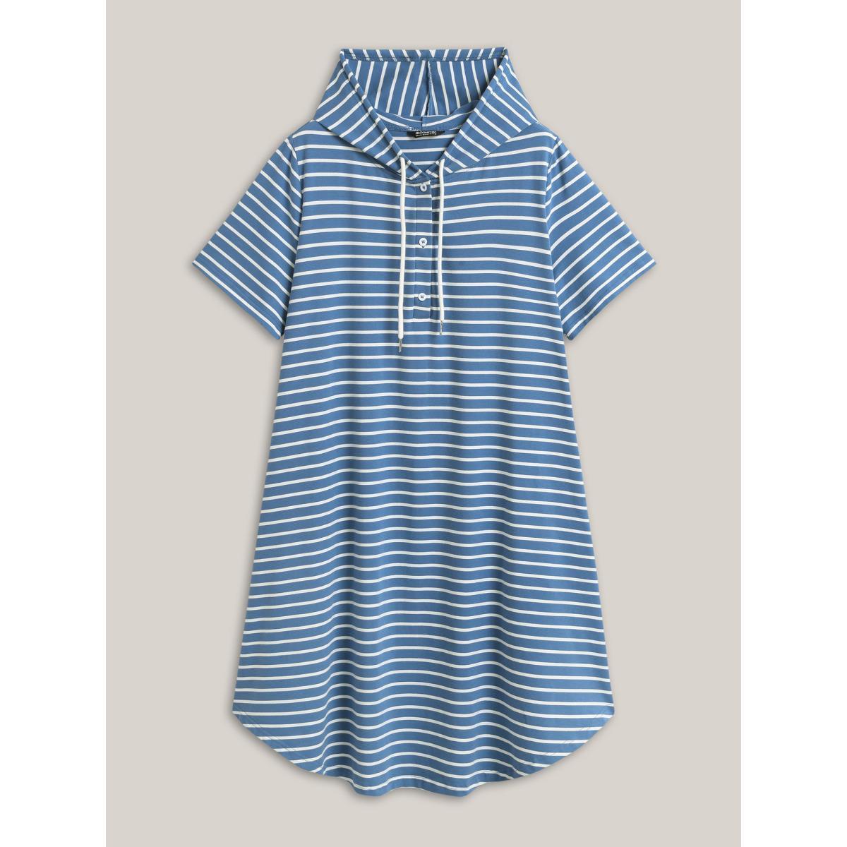 Plus Size Stripe Print Curvy Hem Hooded Midi Dress Stone Women Hooded Short sleeve Curvy BloomChic 22-24/3X Product Image