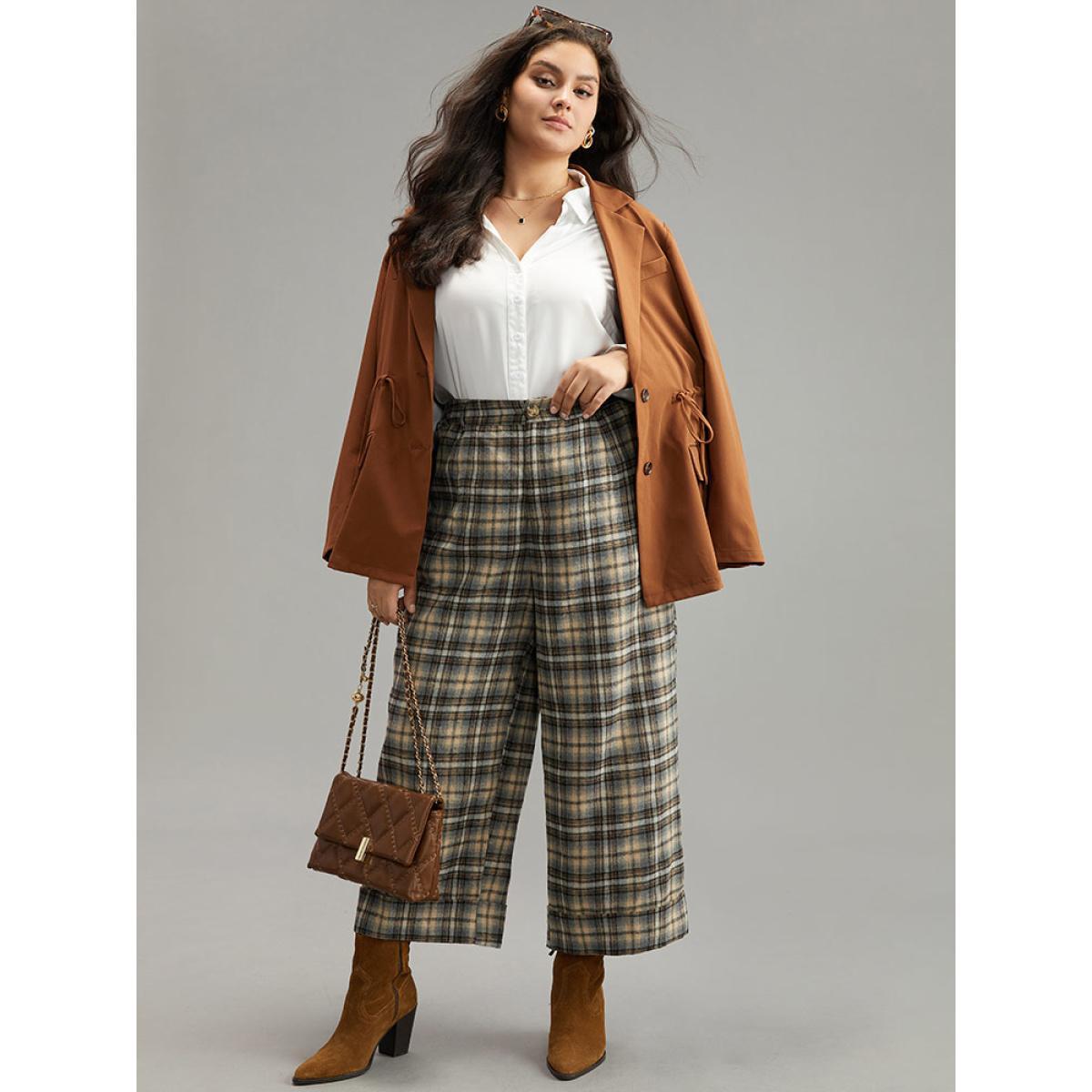 Plus Size Plaid Button Detail Straight Leg Pants Women LightBrown Office Straight Leg High Rise Work Pants BloomChic 22-24/3X Product Image