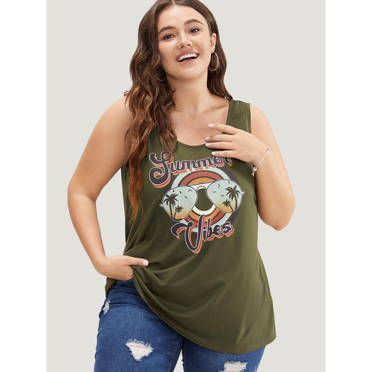 Plus Size Letter & Graphic Print Round Neck Tank Top Women ArmyGreen Casual Dailywear Tank Tops Camis BloomChic 12/L Product Image
