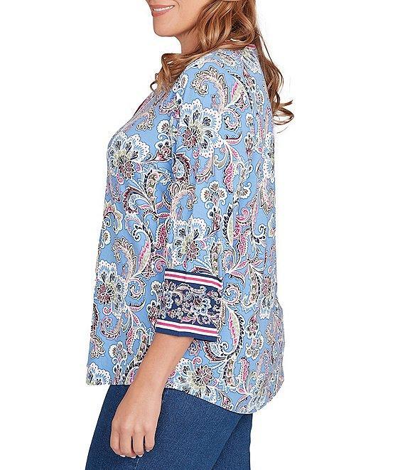 Ruby Rd. Plus Size Jersey Knit Paisley Stripe Ribbon V-Neck 3/4 Sleeve Top Product Image