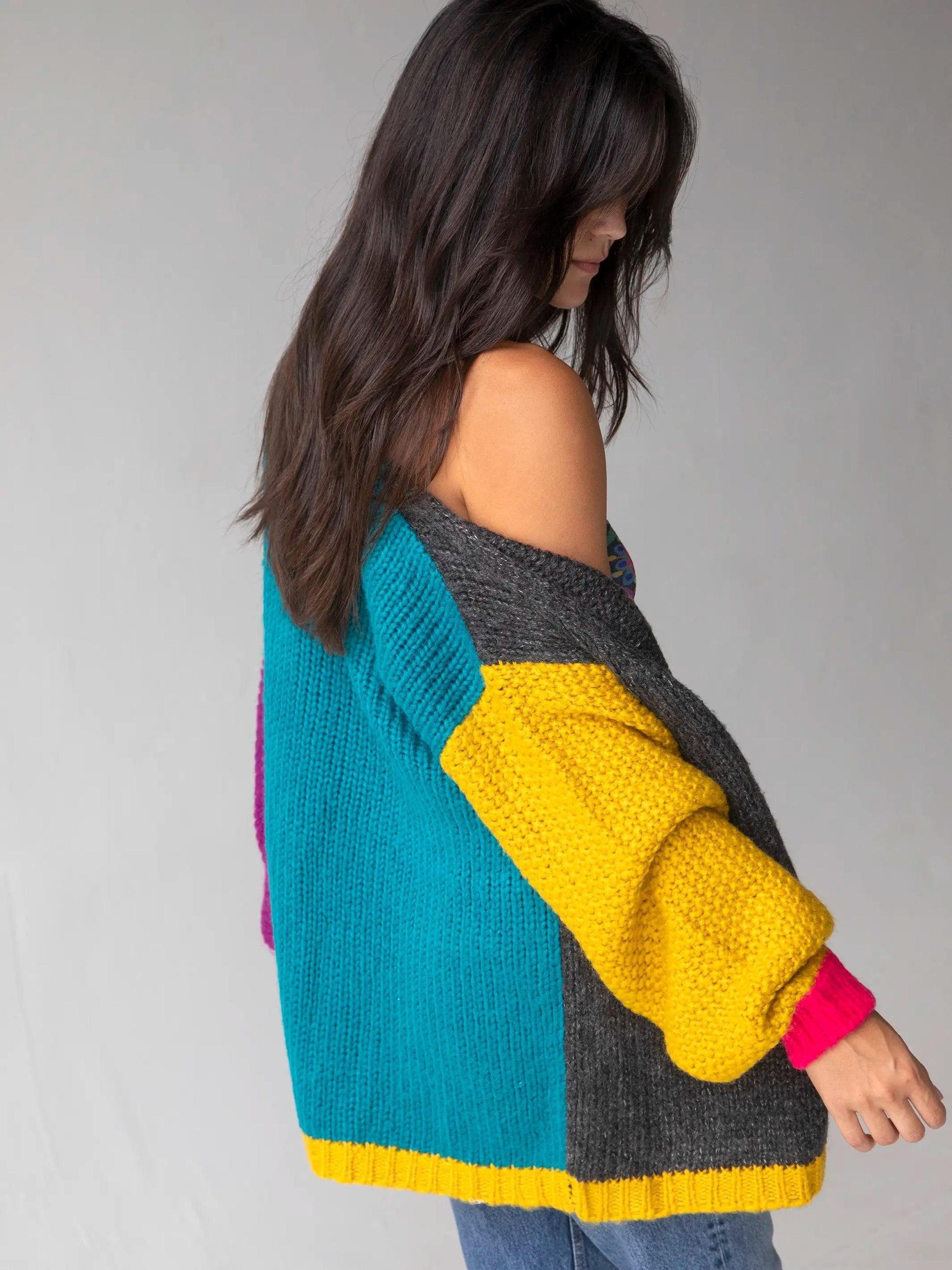 Oversized Color Block Cardigan Sweater - Multicolored Product Image