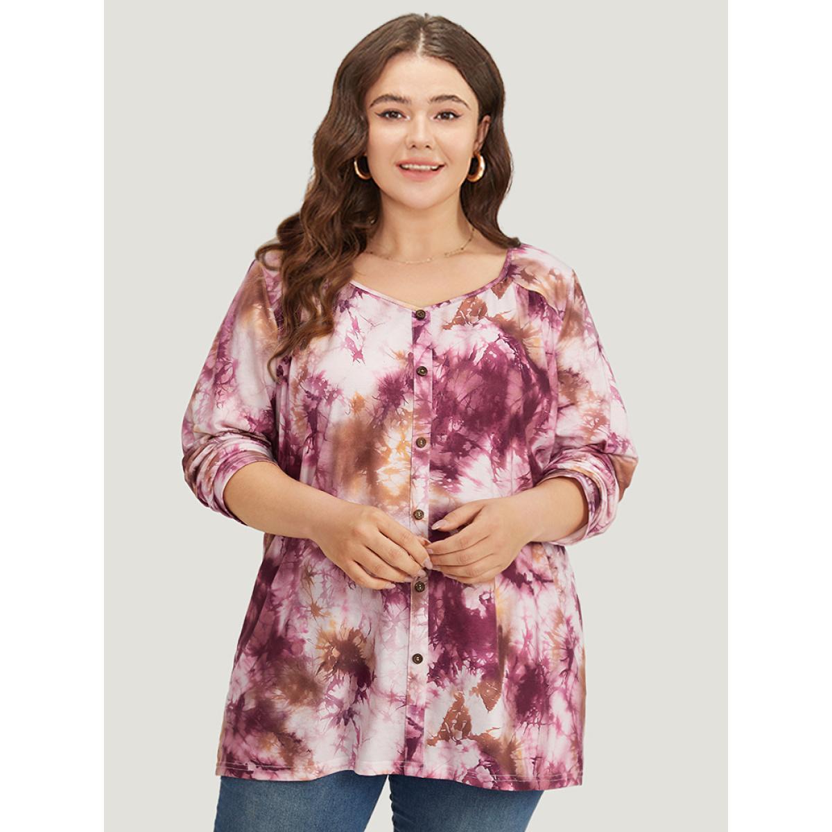 Plus Size Tie Dye Button Detail Round Neck T-shirt Multicolor Women Casual Tie Dye Tie Dye Round Neck Dailywear T-shirts BloomChic 14-16/1X Product Image