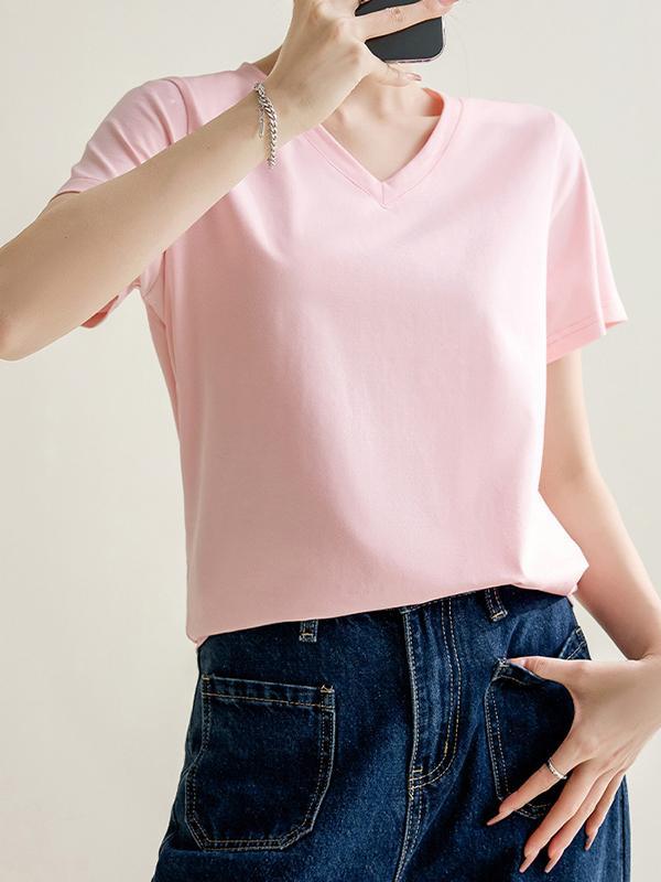 Loose Short Sleeves Solid Color V-Neck T-Shirts Tops Product Image