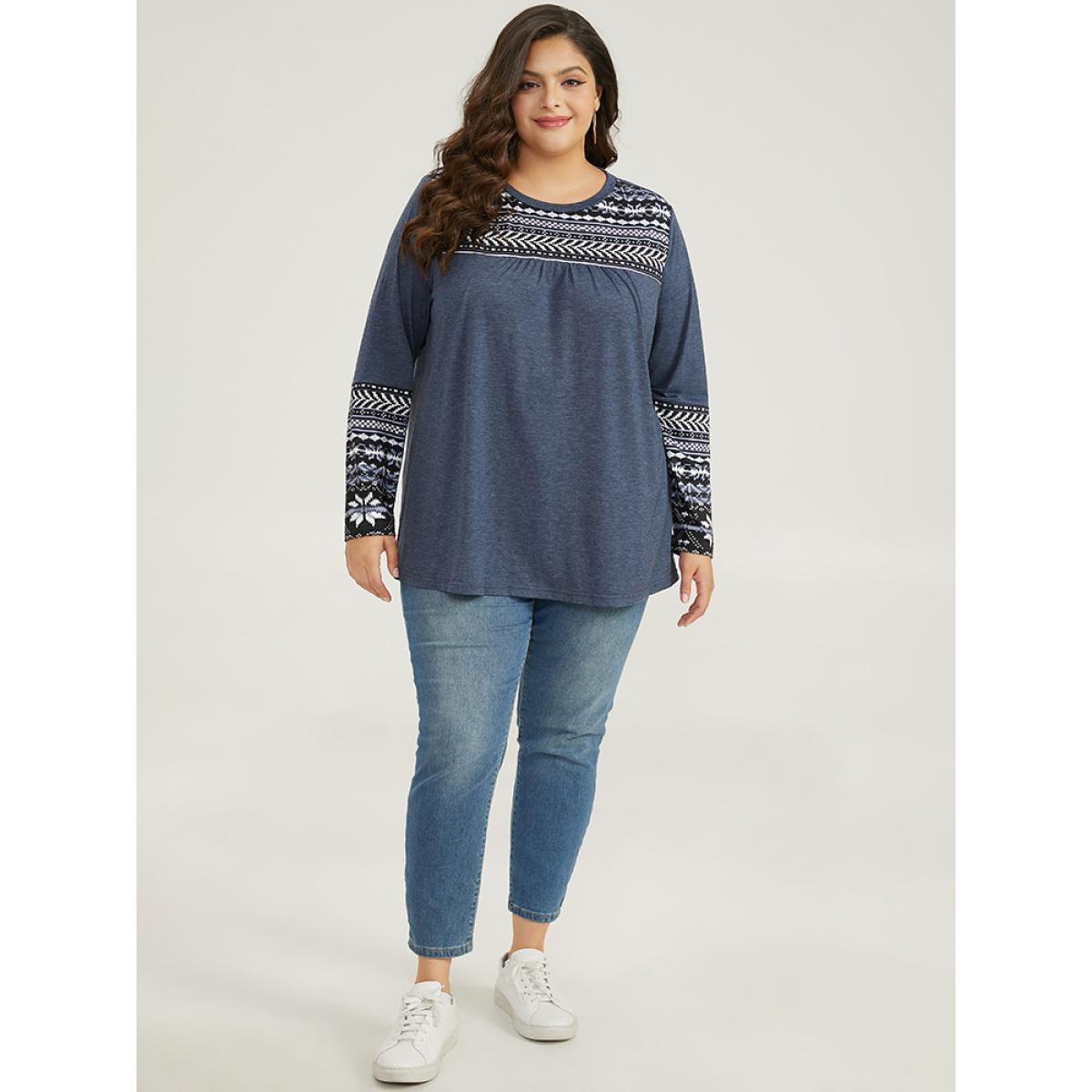 Plus Size Boho Print Round Neck Gathered T-shirt Blue Women Casual Patchwork Bohemian Print Round Neck Dailywear T-shirts BloomChic 22-24/3X Product Image
