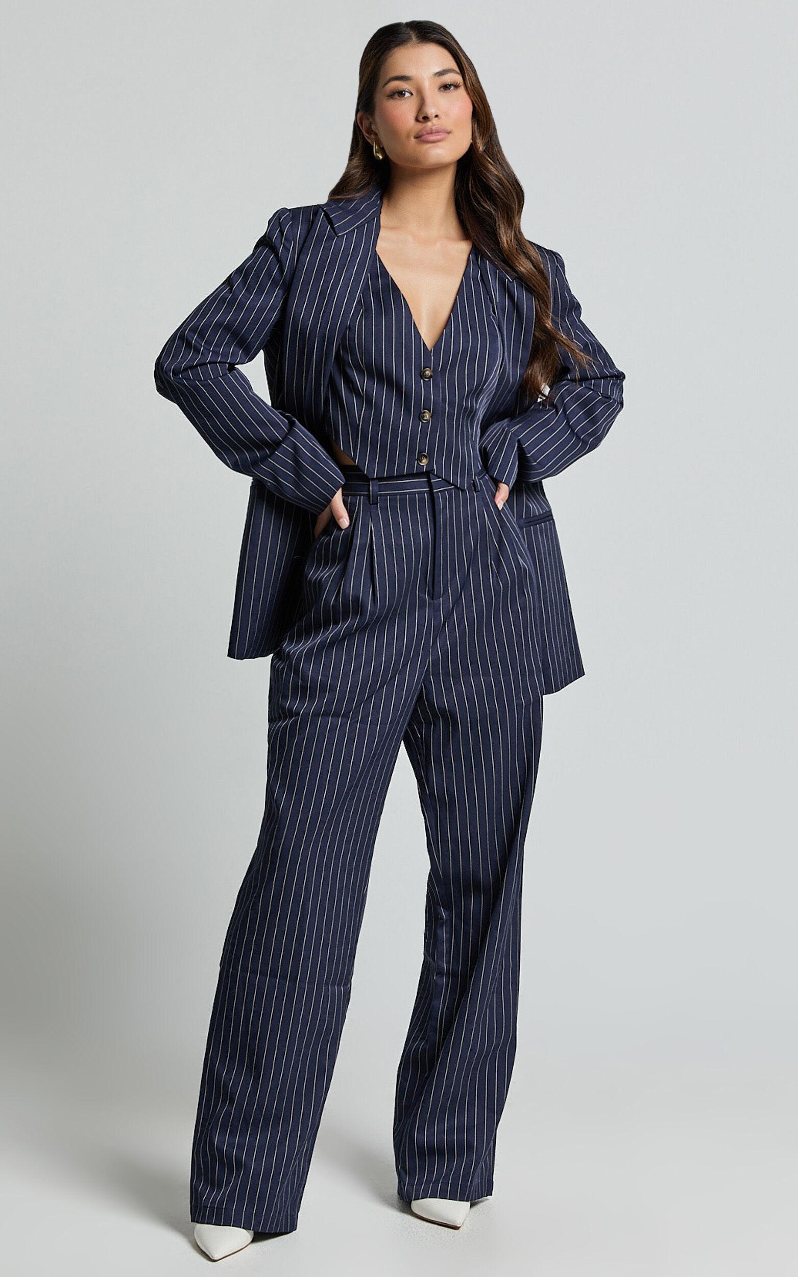 Iyah Top - V Neck Button Up Cropped Vest in Navy Pinstripe Product Image