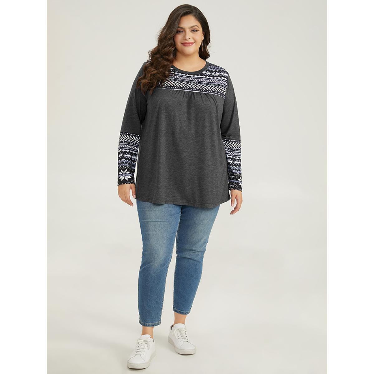 Plus Size Boho Print Round Neck Gathered T-shirt Gray Women Casual Patchwork Bohemian Print Round Neck Dailywear T-shirts BloomChic 22-24/3X Product Image