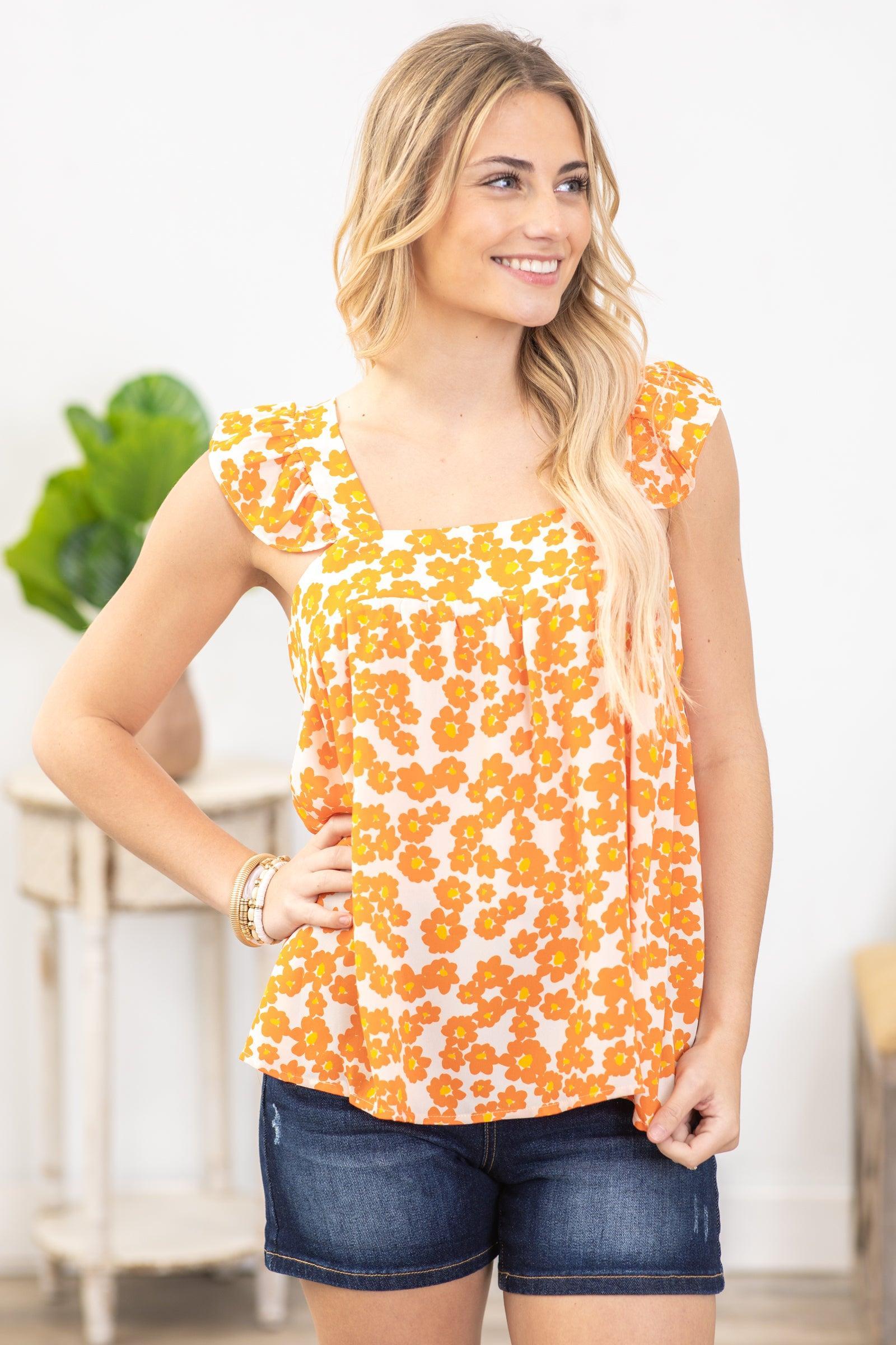 Orange Floral Square Neckline Woven Top Product Image