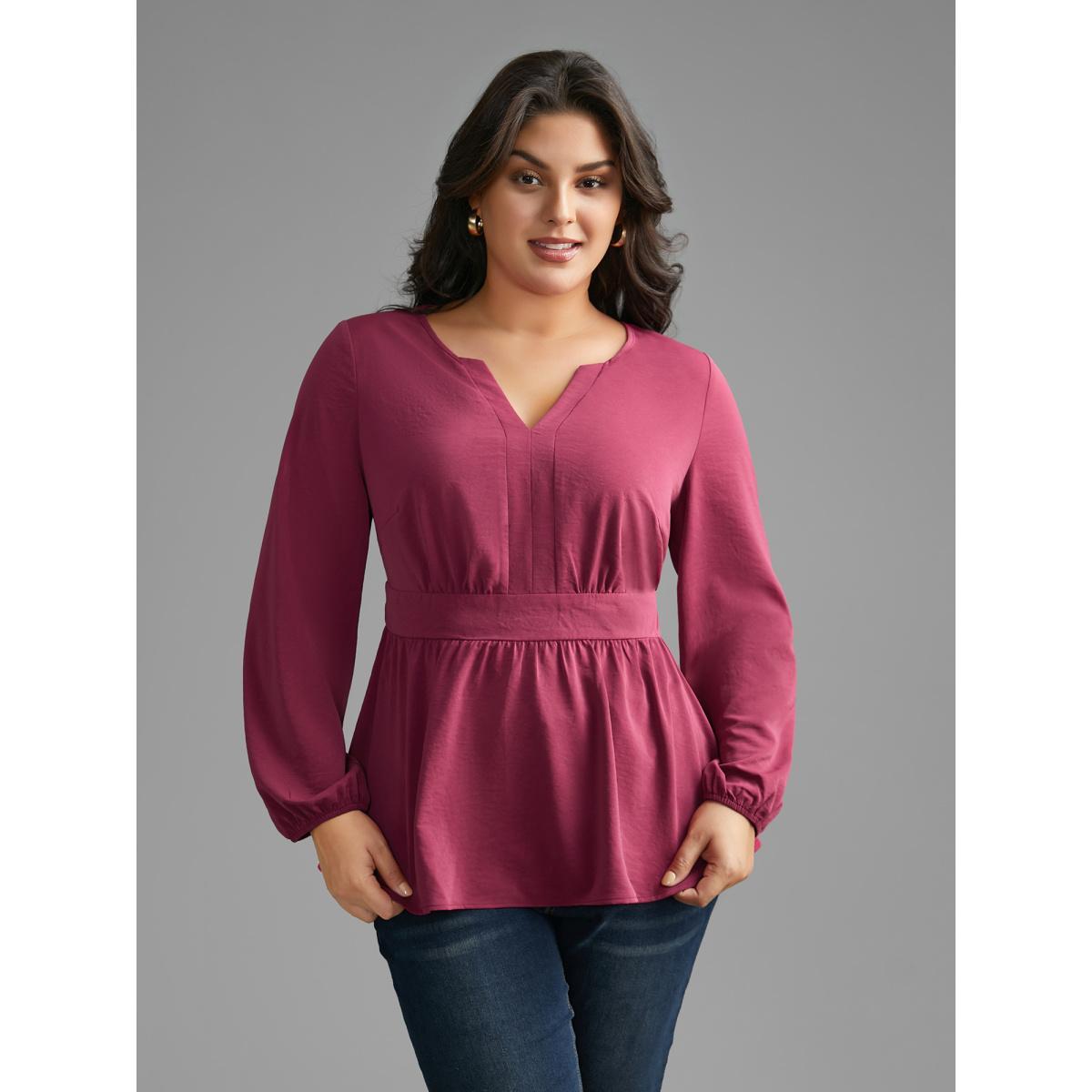 Plus Size RedViolet Notched Collar Gathered Lantern Sleeve Blouse Women Elegant Long Sleeve Notched collar Everyday Blouses BloomChic 30/6X Product Image