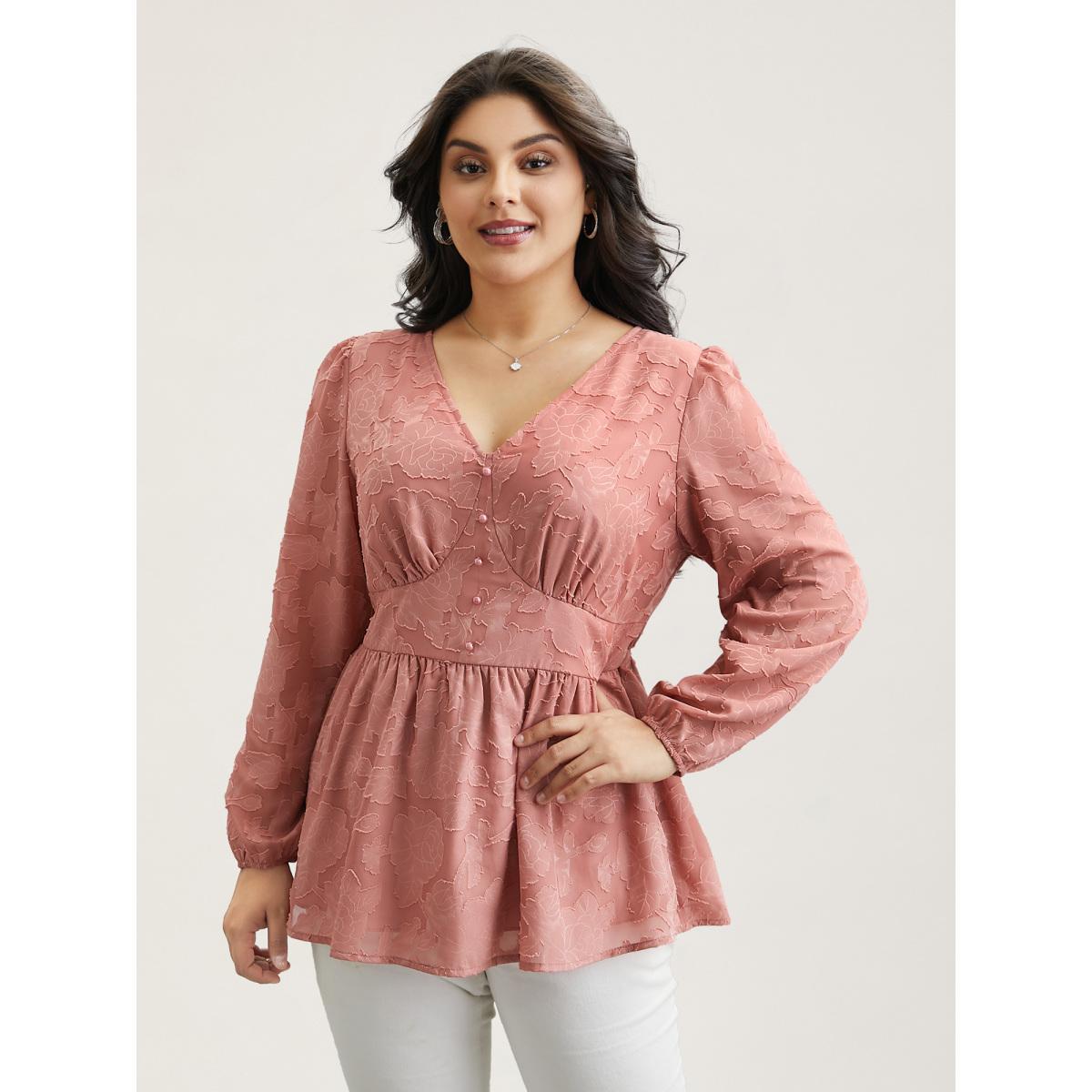 Plus Size Rouge Textured Waist-Cinched Lined Button Shirt Women Elegant Extra Long Sleeve Deep V-neck Everyday Blouses BloomChic 30/6X Product Image