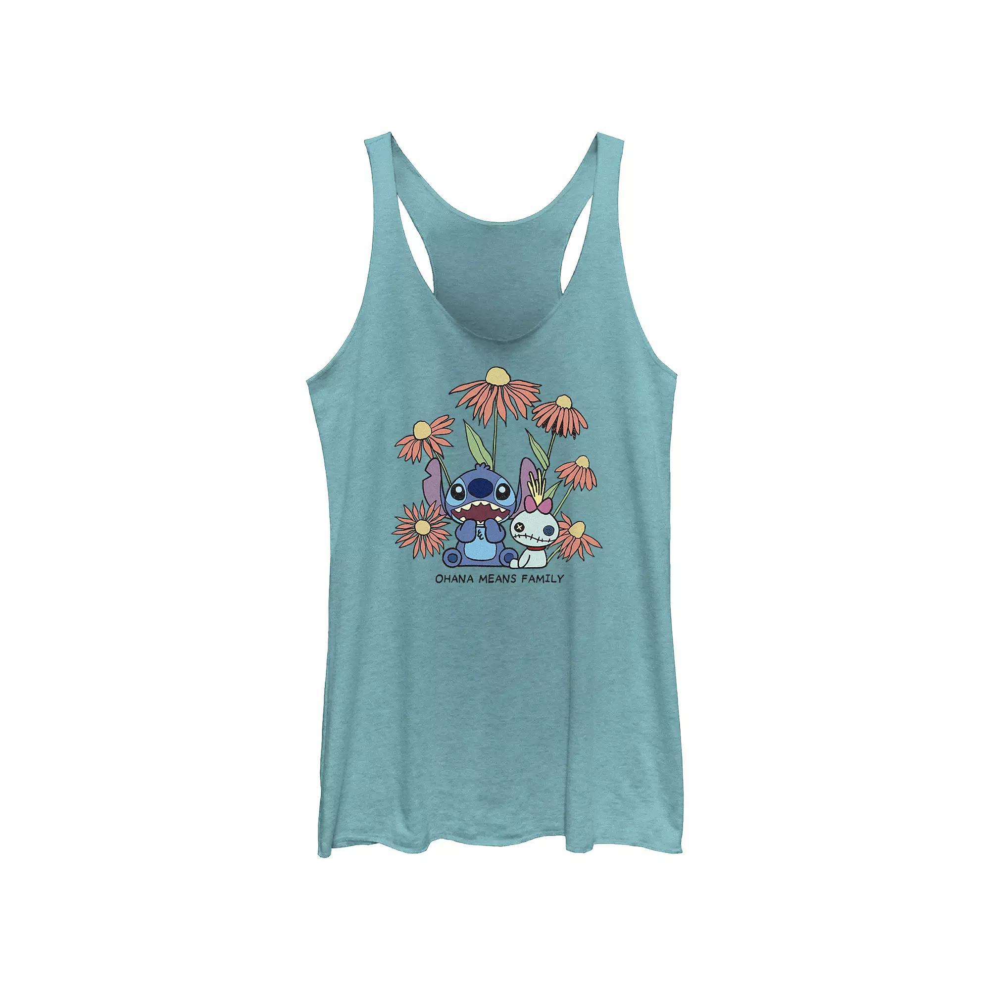 Disney's Lilo & Stitch Ohana Means Family Flower Background Juniors' Tri-Blend Racerback Tank Top, Girl's, Size: Medium, Tahiti Blue Product Image